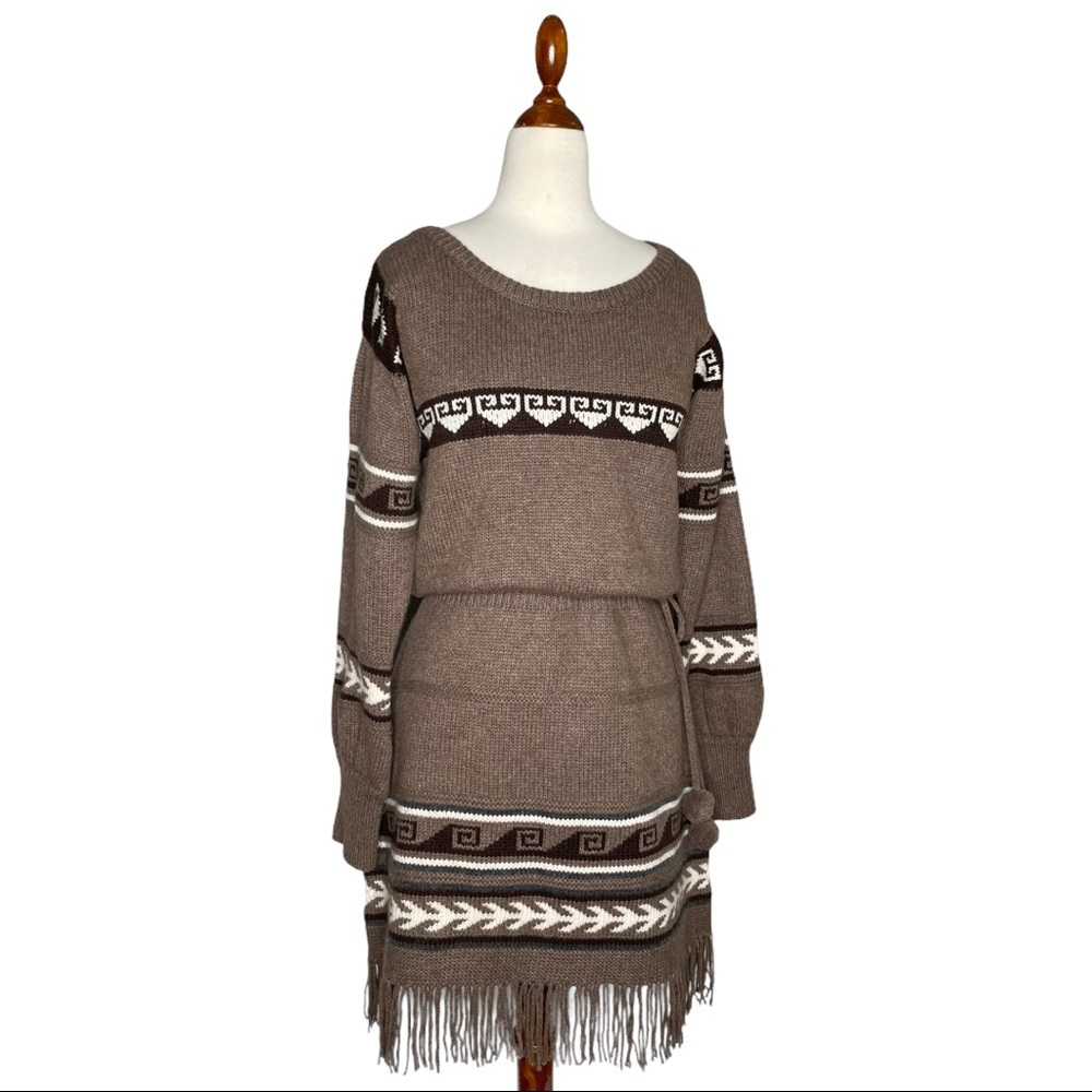 Alice + Olivia Retro Brown Fringe Sweater Dress Medium